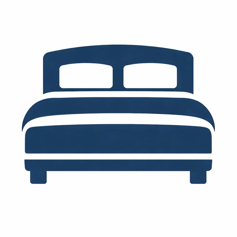 Blaues Icon eines Doppelbetts mit Kopfteil und zwei Kissen auf weißem Hintergrund.